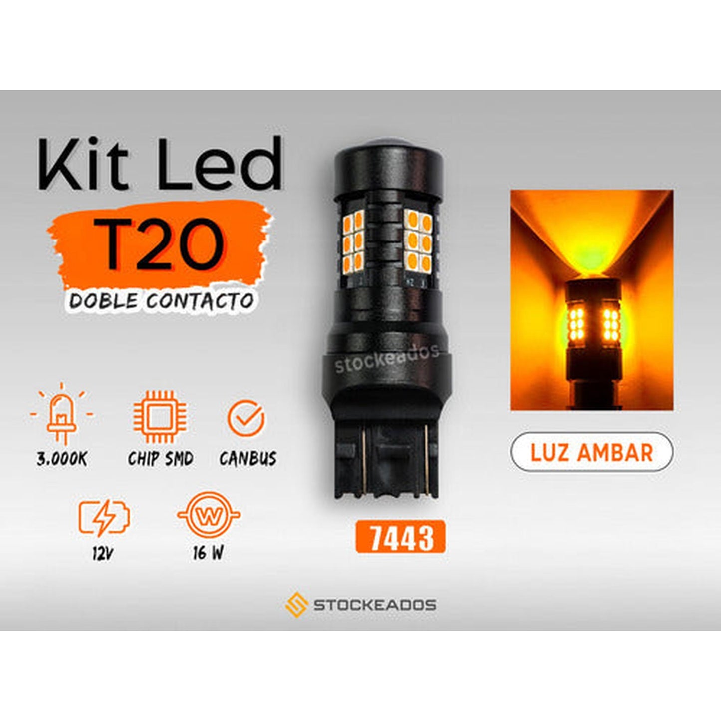 Pack 2 Ampolletas Led T20 Canbus 7443 12v Ámbar Marca Kobo
