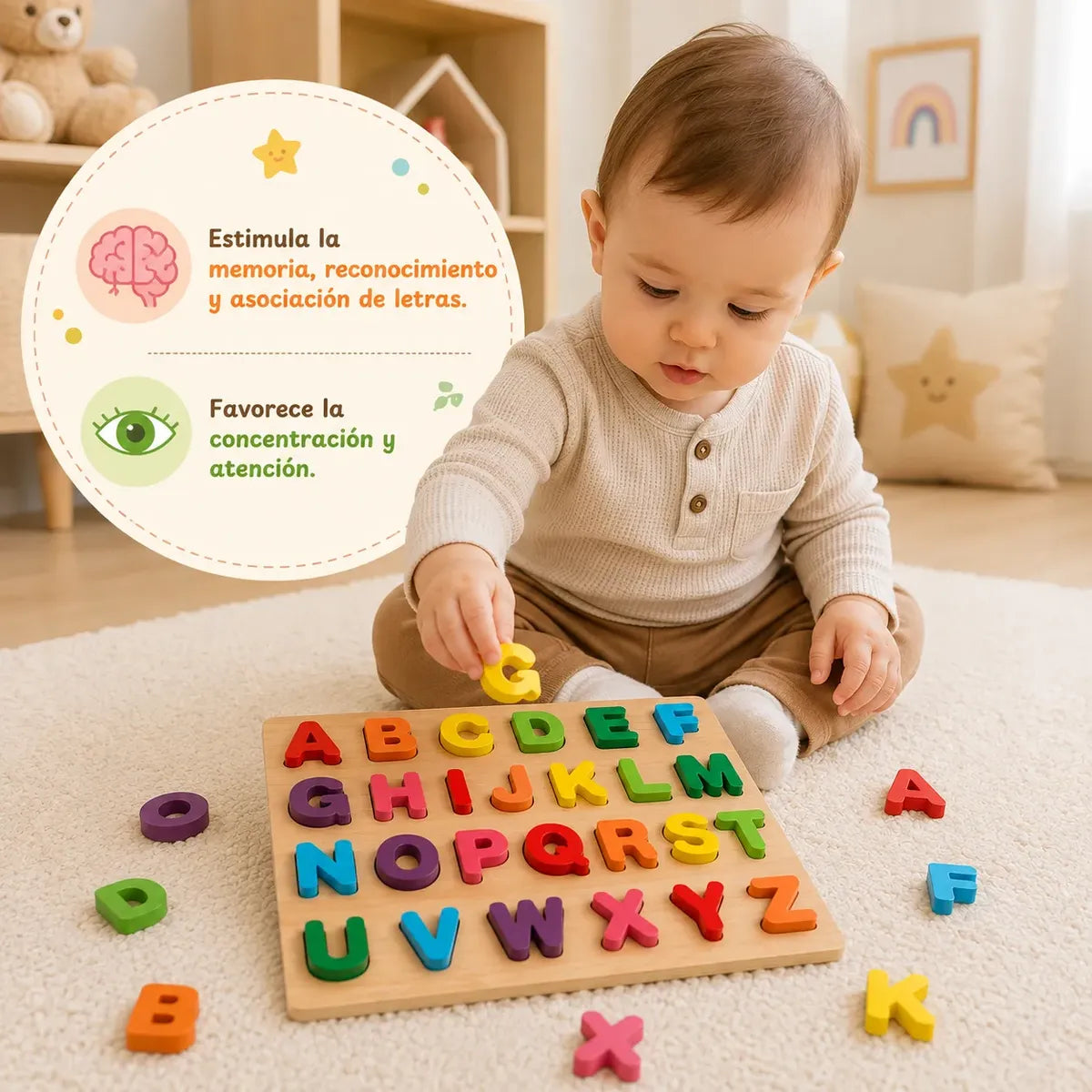 Encaje De Letras Abcedario De Madera Didáctico Para Niños Multicolor