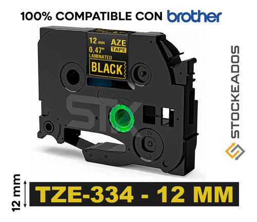 Cinta Tze-334 Brother Alternativa 12mmx8m Dorado Sobre Negro