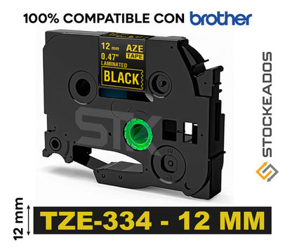 Cinta Tze-334 Brother Alternativa 12mmx8m Dorado Sobre Negro