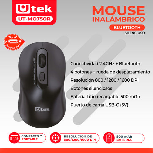 Ratón Mouse Inalámbrico Usb C Bluetooth Utek Ut-mo750r