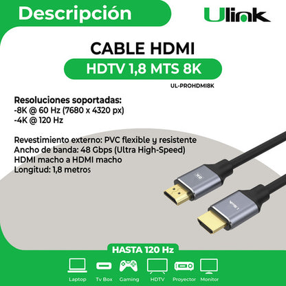Cable Hdmi A Hdmi 8k 1,8 Metros Ulink Cable Alta Definición