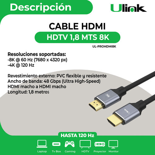 Cable Hdmi A Hdmi 8k 1,8 Metros Ulink Cable Alta Definición