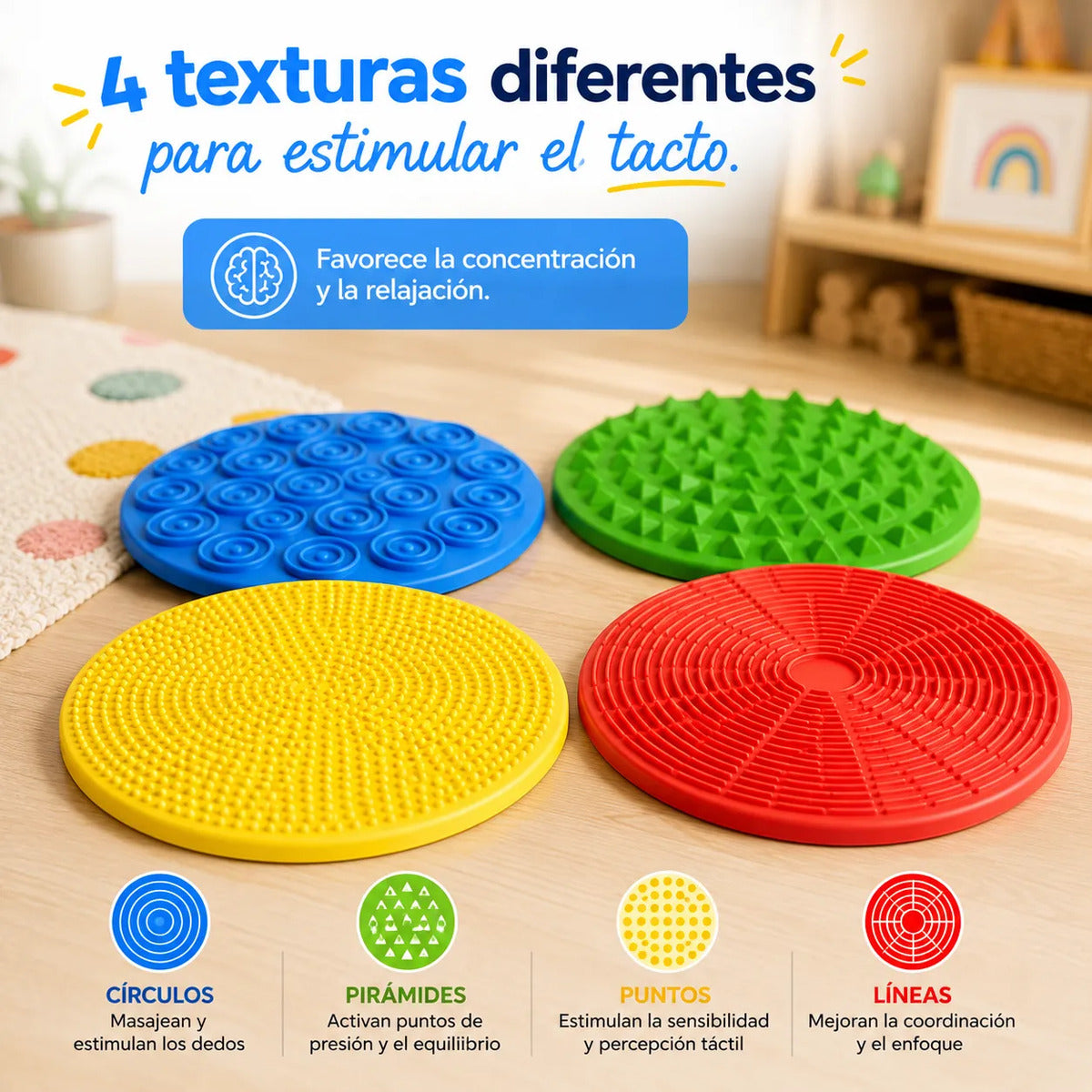 Set 4 Alfombras Sensoriales Circulares Antirestres Tdah