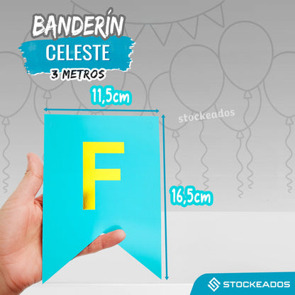Guirnalda Banderin Feliz Cumpleaños Color Celeste Con Dorado