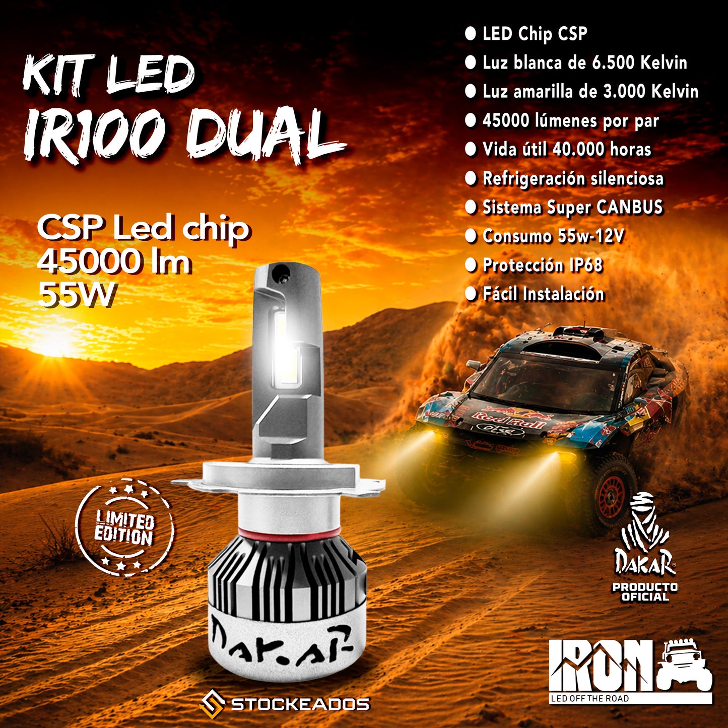 Kit Turbo Led Ir100 Dual Color Dakar H4 H7 H11 9005 9006 45.000lm
