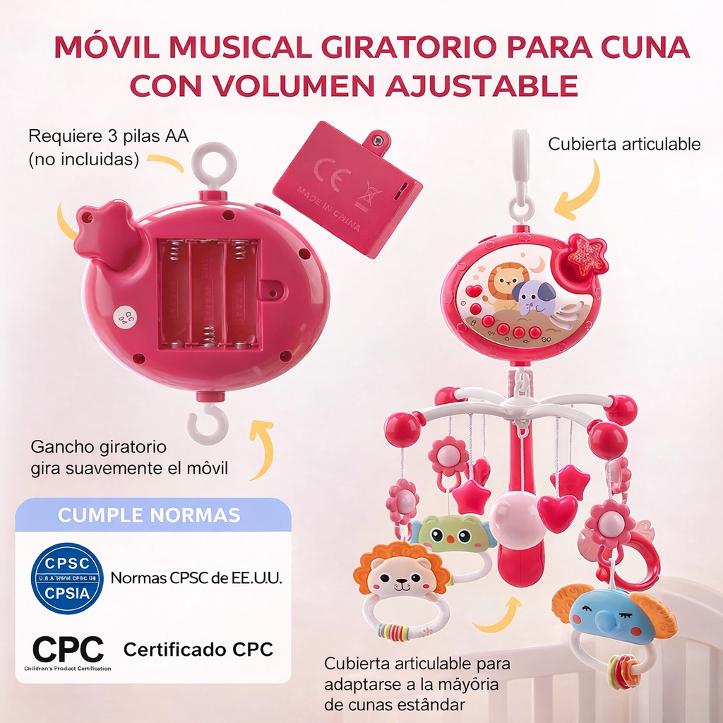 Móvil Bebé Musical Y Proyector De Luces 360 Para Cuna Rosado